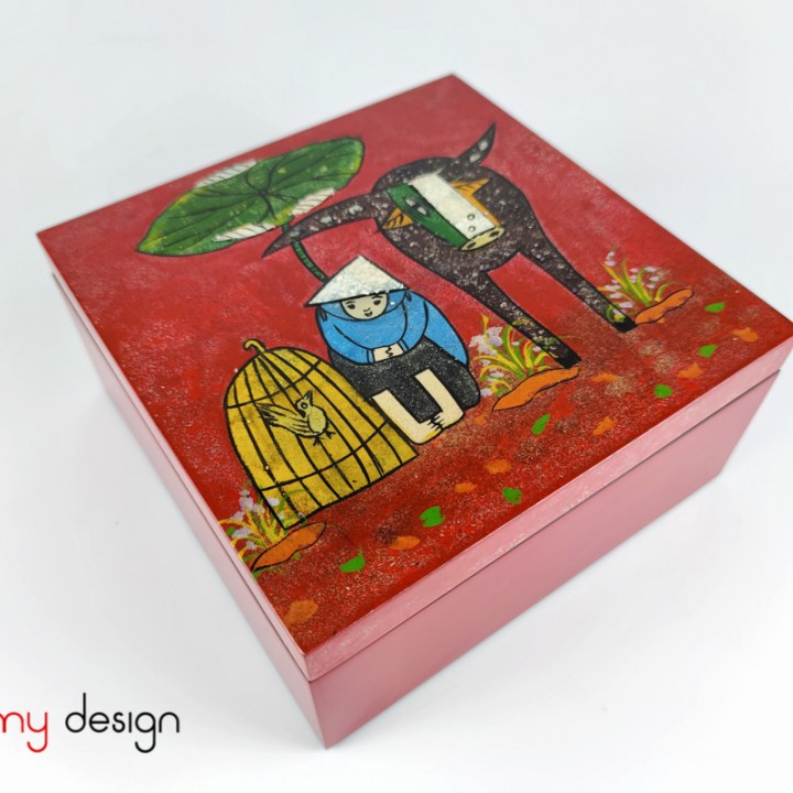 Red square lacquer box hand painted with folk themes